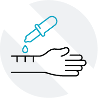 Minimal line-art icon of an arm with test marks and a dropper applying a solution, representing allergy testing.