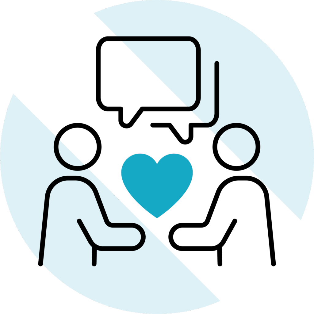 Minimalist dermatology icon with two figures facing each other, a conversation bubble, and a blue heart at the center, symbolizing compassionate and patient-focused care.