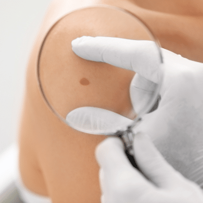 Dermatologist checking a mole on a person's shoulder with a magnifying glass, representing skin biopsy in Virginia Beach