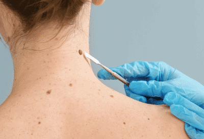 Dermatologist checking moles on a woman's back, representing spot check vs skin exam