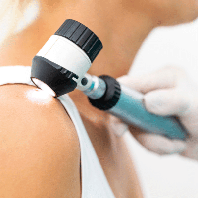 Dermatologist spot checking a woman's shoulder for skin cancer, representing early skin cancer detection in Virginia Beach
