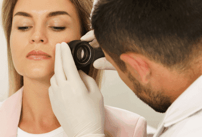 Dermatologist checking a woman's face, representing trusted dermatologist in Virginia Beach VA